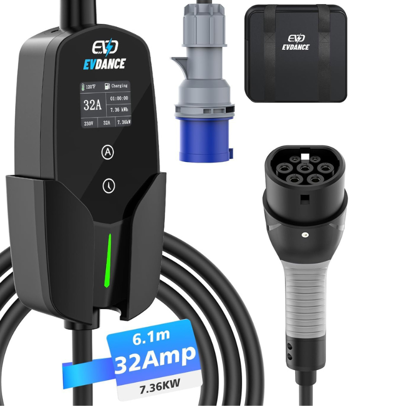 Portable Ev Charger 32A Type 2 Cee Plug - EVDANCE-cargador de coche eléctrico con pantalla