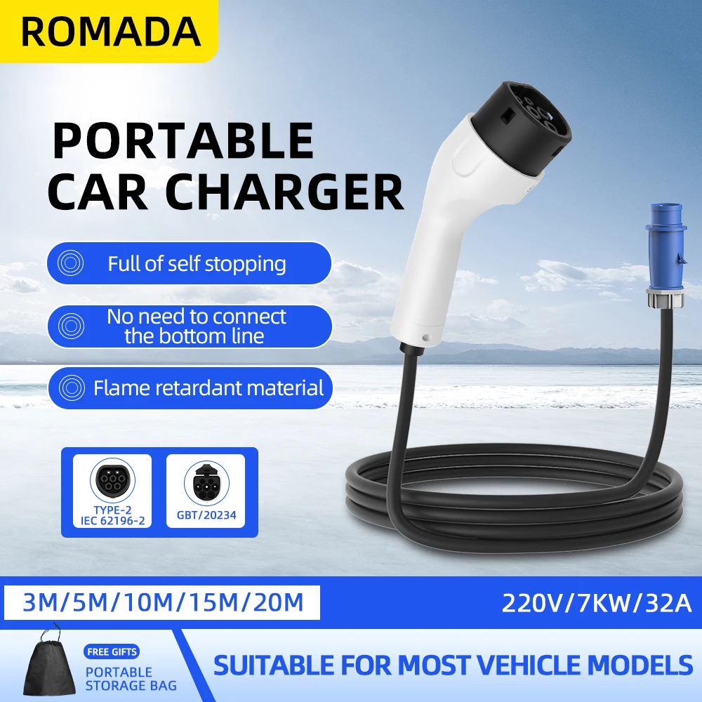 Portable Ev Charger 32A Type 2 Cee Plug - Cargador Portátil para Vehículos Eléctricos ROMADA