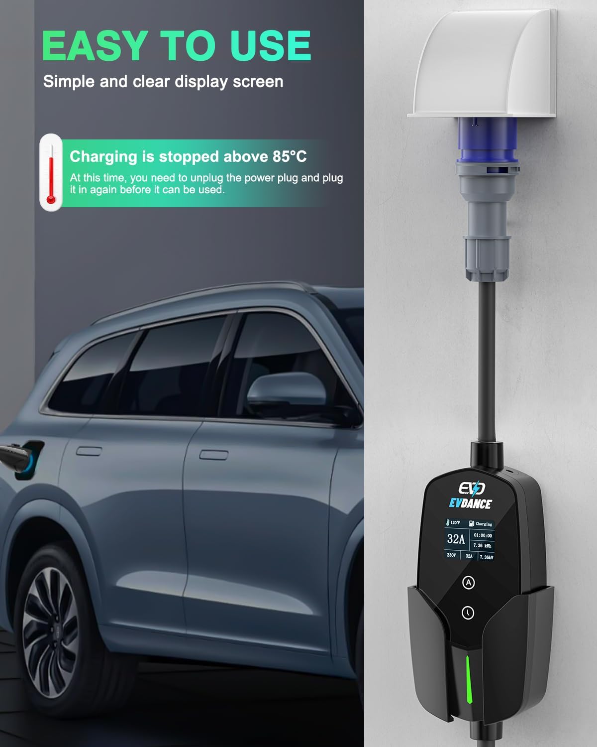 EVDANCE-cargador de coche eléc - Portable Ev Charger 32A Type 2 Cee Plug reseña y precio